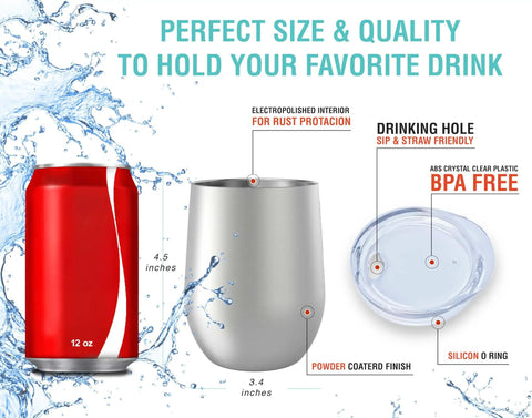 Stainless Steel Double Wall Vacuum Insulated Wine Tumblers keeping icy cold beverages chilled or piping hot coffee with a red can for size reference.