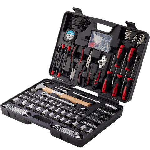245-Piece Mechanics Tool Set And Socket Kit For Home Auto Repair With 3/8 Inch Drive Ratchet, Wrenches, Pliers, in open case