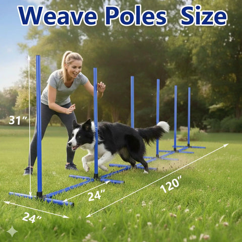 Dog weaving through 6 Weave Poles Or 2 Hurdles Convertible Dog Agility Set For Indoor And Outdoor Training in a grassy yard