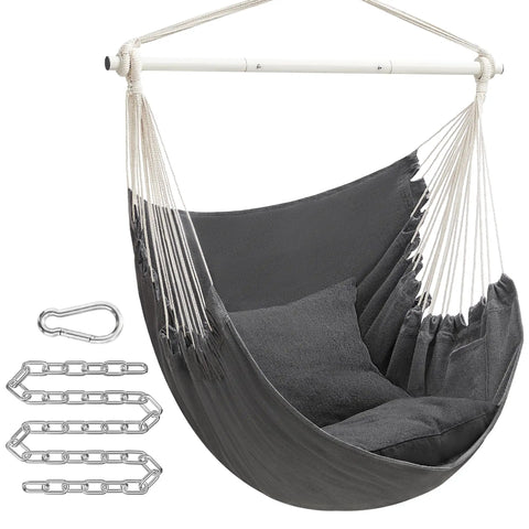 Slate gray Cozy Hammock Chair with two cushions and heavy-duty steel frame with chains for indoor outdoor lounging.