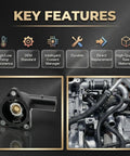 Top Tier Coolant Thermostat Housing Assembly Bolt On Fit Precision Machined shows features and installation on a vehicle engine.
