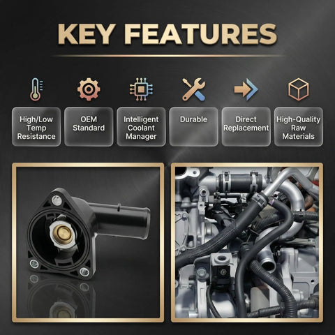 Top Tier Coolant Thermostat Housing Assembly Bolt On Fit Precision Machined shows features and installation on a vehicle engine.