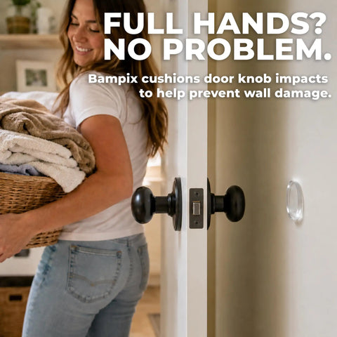 Clear Silicone Door Knob Wall Protectors 2 Inch Flat Profile Self Adhesive Bumpers, shown protecting wall from a door knob.