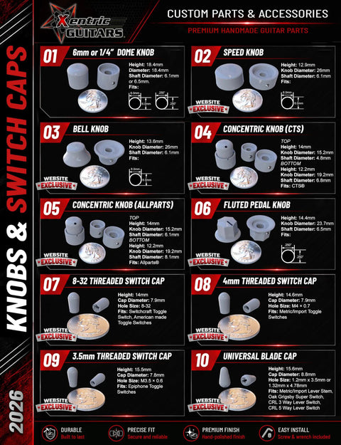Xentric Guitars custom parts, dome and switch caps, various sizes and fits, premium handmade guitar parts collection 2026.