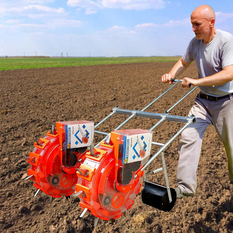 Man using Adjustable Double Row Garden Seeder Planter For Hand Push Seeding Multi Crop Tool on a field