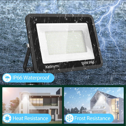 100 W Outdoor LED Flood Light 10000 Lm Warm White 4200K IP66 Waterproof shown with stormy weather resistance features