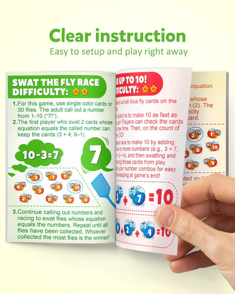 Close-up of Swat The Fly Cards Math Game Set instruction booklet for hands-on math manipulatives educational toy for homeschool