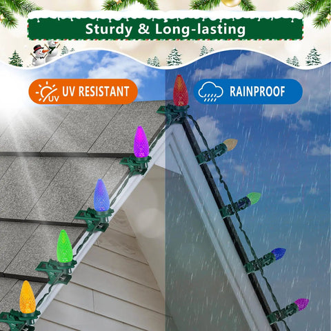 Heavy-Duty C7 C9 Christmas Light Spring Clips 100 Pack Universal Gutter Roof Clips 180-Degree Adjustable installed on roof