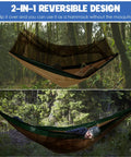 Cozy Double Camping Hammock With Bug Net For Outdoors Hiking And Travel Built Tough For Real Life 500 Lbs Capacity Ultra Durable 210T Nylon Parachute Fabric Fits Two People Khaki And Green in forest setting.