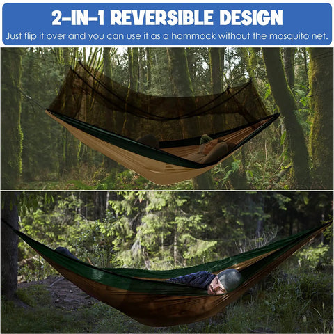 Cozy Double Camping Hammock With Bug Net For Outdoors Hiking And Travel Built Tough For Real Life 500 Lbs Capacity Ultra Durable 210T Nylon Parachute Fabric Fits Two People Khaki And Green in forest setting.