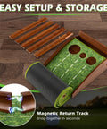 Pro Grade Indoor Outdoor Golf Putting Mat With Automatic Ball Return System showing magnetic return track and storage setup