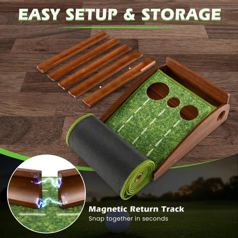 Pro Grade Indoor Outdoor Golf Putting Mat With Automatic Ball Return System showing magnetic return track and storage setup