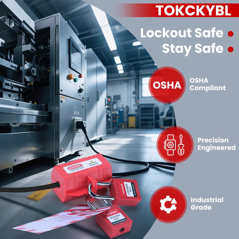 Industrial Grade Electric Plug Lockout Device for 110V to 125V Cords in factory setting, showing lockout and OSHA compliance
