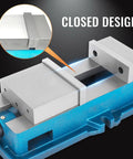 Heavy Duty 4 Inch Lock Down Vise for Milling and Drilling with closed design, shown on a solid base with focus on jaw width.