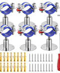 Six 304 stainless steel pipe clamp assemblies with blue grips on base mounts (front view); screws and hex key included