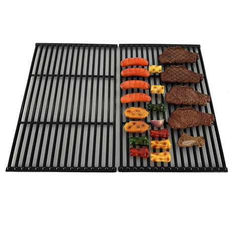 Rock Solid Porcelain Coated Cast Iron Cooking Grid Grill Grate Replacement For Charbroil Brinkmann 19X25 Inch with grilled meats.