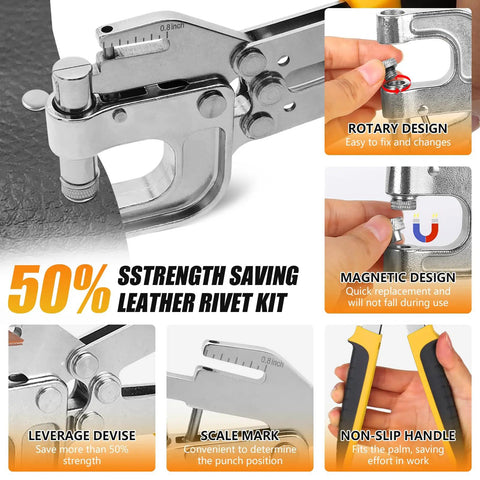 Leather Rivets Press Tool Kit With 160 Rivets And Installation Pliers featuring leverage design and non-slip handle details