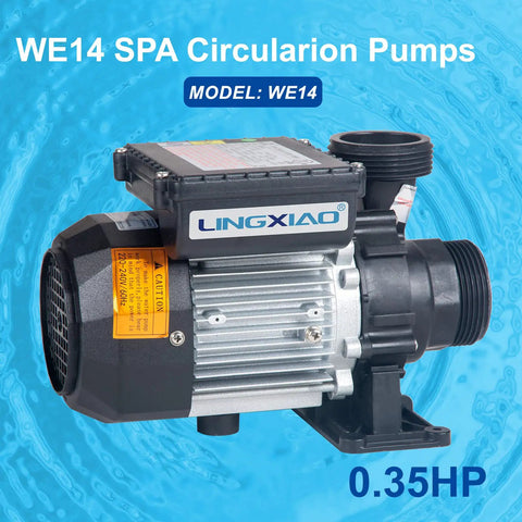 Top Shelf Zero Fuss Hot Tub Circulation Pump 240V 230V 0.35 Horsepower Spa Pool Motor model WE14 with black housing.