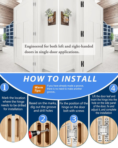 Heavy Duty Hidden Door Hinges 2 Pack, 6 Inch Concealed Hinge With 3 Way Adjustable Build, installation guide with clear steps.
