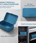 Kickass Vintage Iron Tool Box With Secure Locking Lid And Snappy Quick Access Compartments For Home Mechanic And Car Garage Heavy Duty Metal Storage Solution top view of blue toolbox with secure lid and wide-open chamber