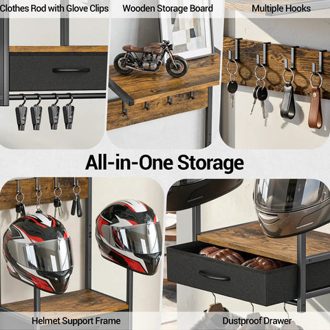 Heavy Duty Motorcycle Helmet Wall Mount With Dang Tough Waterproof Steel Construction And Roomy Fabric Drawer for gear storage.