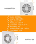 Powerful Six Inch Window Fan For Bathroom Exhaust Replacement Features High Airflow Energy Saving Motor With UL Certified Cord Ideal Ventilation For Home Office And Toilet Spaces; front and rear view with dimensions and specifications.