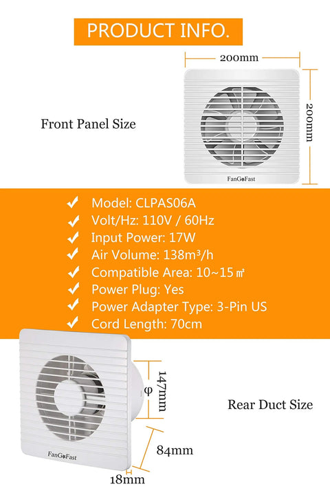 Powerful Six Inch Window Fan For Bathroom Exhaust Replacement Features High Airflow Energy Saving Motor With UL Certified Cord Ideal Ventilation For Home Office And Toilet Spaces; front and rear view with dimensions and specifications.