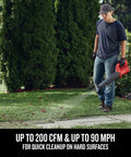 Person using V20 Cordless Leaf Blower Bare Tool Only For Hard Surface Cleanup, Delivers Up To 200 CFM And 90 MPH, Lightweight