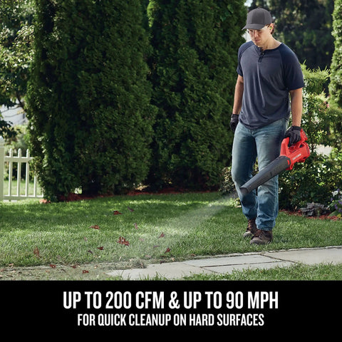 Person using V20 Cordless Leaf Blower Bare Tool Only For Hard Surface Cleanup, Delivers Up To 200 CFM And 90 MPH, Lightweight
