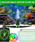 Submersible Fountain Pump 15W 800L/H With LED Lights shown in aquarium with corals, showcasing adjustable water flow rate and overheating protection
