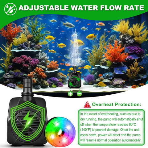 Submersible Fountain Pump 15W 800L/H With LED Lights shown in aquarium with corals, showcasing adjustable water flow rate and overheating protection