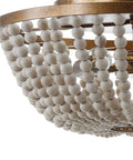 Close-up of Allison 3 Light LED Flush Mount Ceiling Light With Wood Beaded Shade In Antique Gold Cream Perfect Bedroom Farmhouse Rustic Chic Decor Vibe LED Bulbs Included.