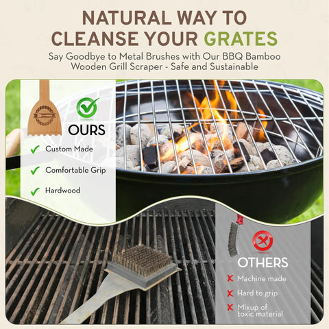 Comparison between BBQ bamboo wood scraper and metal brush for safe bristle-free grill cleaning.