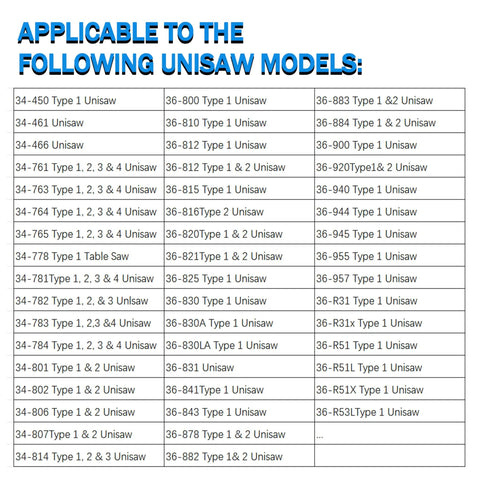 Arbor Assembly For Delta Unisaw Right Tilt With Blade Nut Bearings Blade Collar Applicable Model List