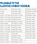 Chart of Unisaw models compatible with Arbor Assembly Replacement Parts With Blade Flange Bearings Arbor Nut And Pulley Nut