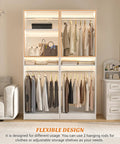 Freestanding Closet System With Adjustable Hanging Rods And Super Sturdy Steel Frame Built For No Sweat Setup And Roomy Multi Purpose Wardrobe Shoe Storage Tower in white, showing hanging clothes and shelves.