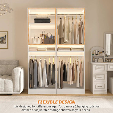 Freestanding Closet System With Adjustable Hanging Rods And Super Sturdy Steel Frame Built For No Sweat Setup And Roomy Multi Purpose Wardrobe Shoe Storage Tower in white, showing hanging clothes and shelves.