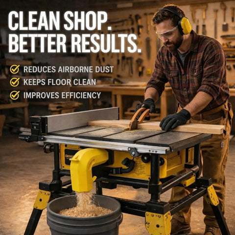Man using table saw with Dual Port Dust Collection Adapter For Table Saws 2.5 Inch, 62 To 66mm Universal Fit, in workshop.
