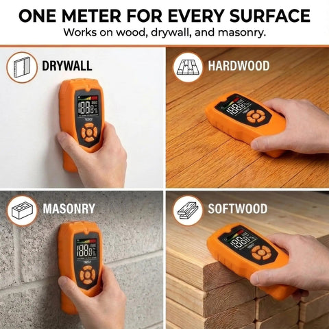 Pinless Moisture Meter For Drywall And Wood Two Inch Scan Detect Hidden Water Damage Behind Walls With Quick Readings Pro Grade Lumber Moisture Tester For DIYers And Pros on drywall, hardwood, masonry, and softwood