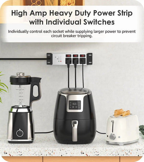 Beefy 3 Outlet Surge Protector With Twelve Gauge Cord And Six Foot Length Individual Switches Grounding Protection 20 Amp Circuit Breakers NEMA 5-15P Plug Brushed Silver Power Strip For Home Office Workshop And Studio installed above kitchen appliances