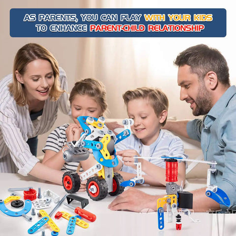 Cool Five In One STEM Building Kit With Electric Motor For Kids Aged Six To Twelve Hands On Construction Toys For Boys And Girls 113 Pieces DIY Educational Toy Set For Future Engineers, family building models