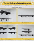 2 Pack 2x4 Foot Wall Mounted Garage Shelves With 4 Hooks Tough As Nails Heavy Duty Storage Racks shown in four installation styles
