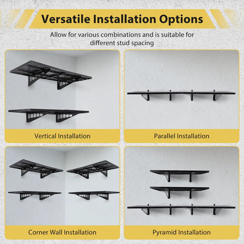 2 Pack 2x4 Foot Wall Mounted Garage Shelves With 4 Hooks Tough As Nails Heavy Duty Storage Racks shown in four installation styles