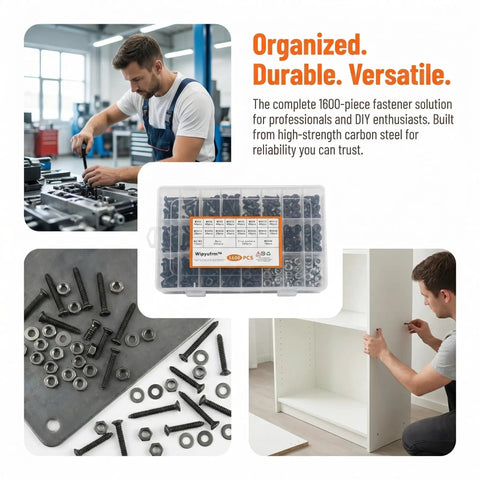 1600-Piece M3 Screw Kit With Hex Socket Button And Cap Head Fasteners, Nuts, Washers, organized in a box and used in DIY projects