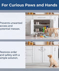 Child Proof Door Lock And Cat Door Latch, Adjustable Door Strap For Kids Safety, No Drill Adhesive Door Stopper, White, 2 Pack, in use on kitchen cabinet with dog