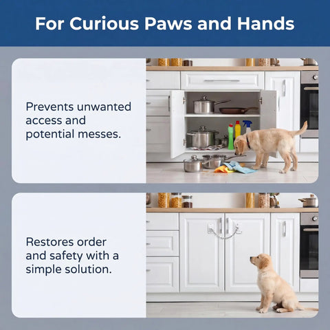 Child Proof Door Lock And Cat Door Latch, Adjustable Door Strap For Kids Safety, No Drill Adhesive Door Stopper, White, 2 Pack, in use on kitchen cabinet with dog
