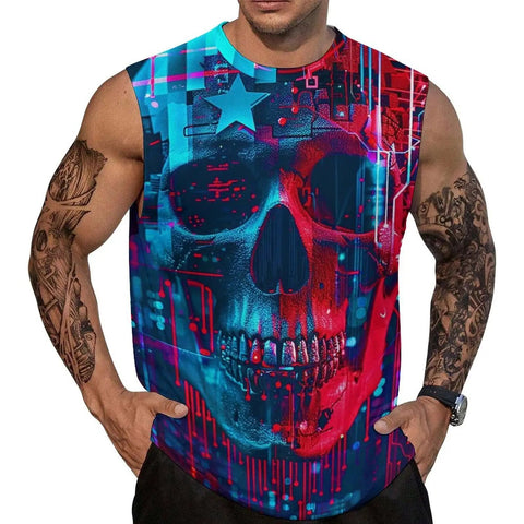 Mens Sick American Flag Skull Tank Top Summer Sleeveless Graphic Tee, muscle cut, vibrant colors, suitable for gym and beach.