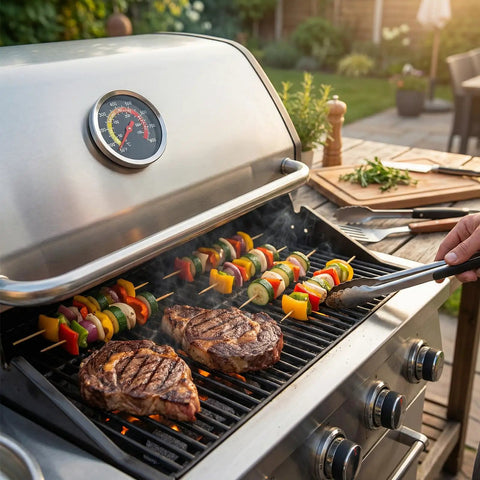 Grill with mounted thermometer, showing steaks and skewers cooking outdoors, Two Pack 1000F Grill Thermometers With Large Dial Easy Read