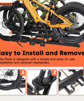 Beefy Ebike Rack With Ramp for 2 Inch Hitch, 300 Lb Capacity, Fits Bikes Up To 5 Inch Wide And 52 Inch Wheelbase, Stable V Shaped Design, Easy Load And Safe Transport, black hitch-mounted rack holding fat-tire ebikes