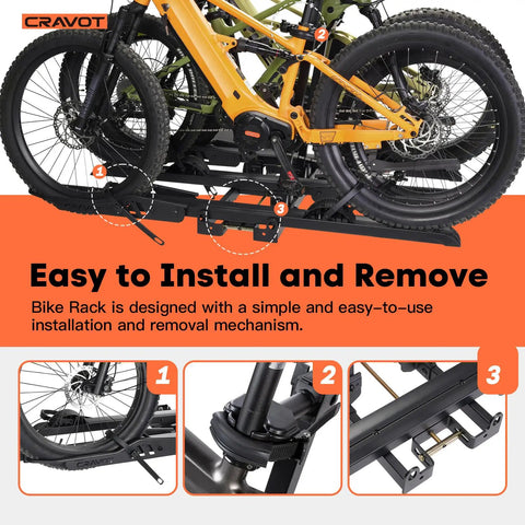 Beefy Ebike Rack With Ramp for 2 Inch Hitch, 300 Lb Capacity, Fits Bikes Up To 5 Inch Wide And 52 Inch Wheelbase, Stable V Shaped Design, Easy Load And Safe Transport, black hitch-mounted rack holding fat-tire ebikes